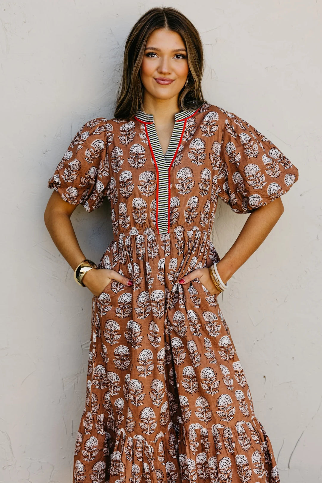 PUFF SLEEVE FLORAL DETAILED MIDI DRESS