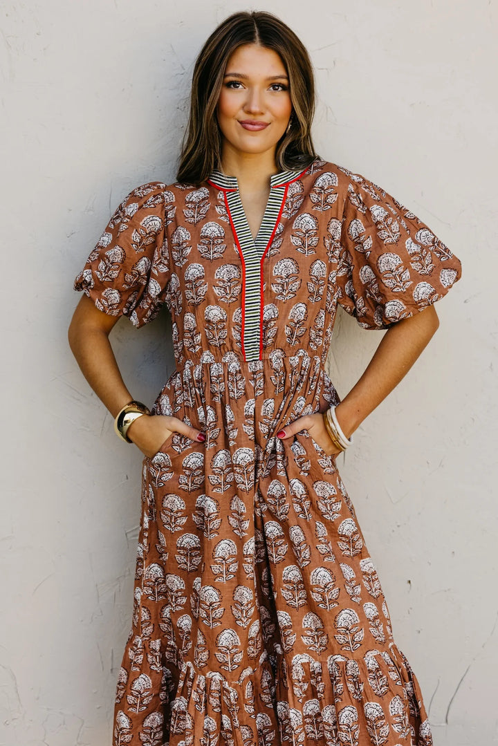 PUFF SLEEVE FLORAL DETAILED MIDI DRESS