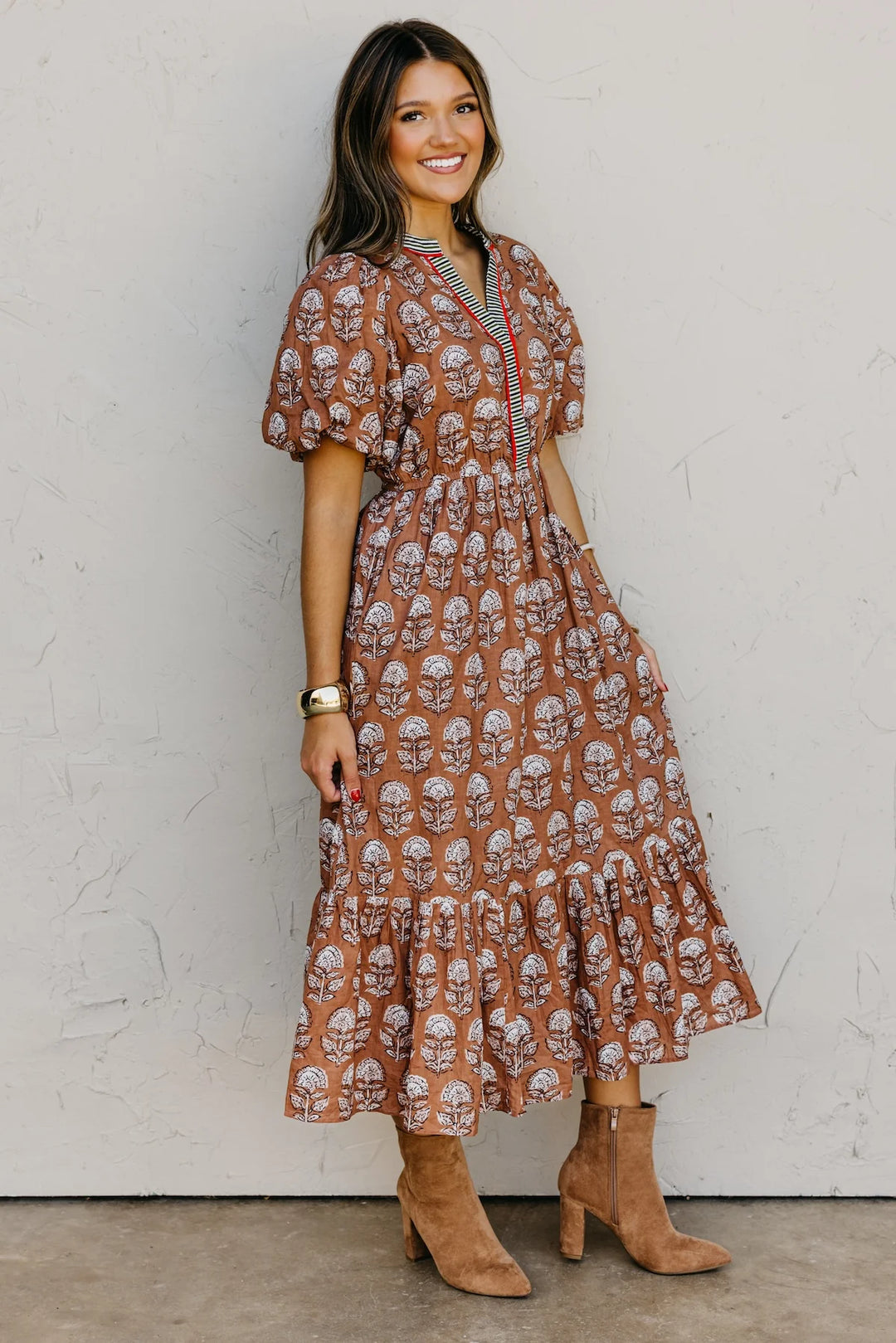 PUFF SLEEVE FLORAL DETAILED MIDI DRESS