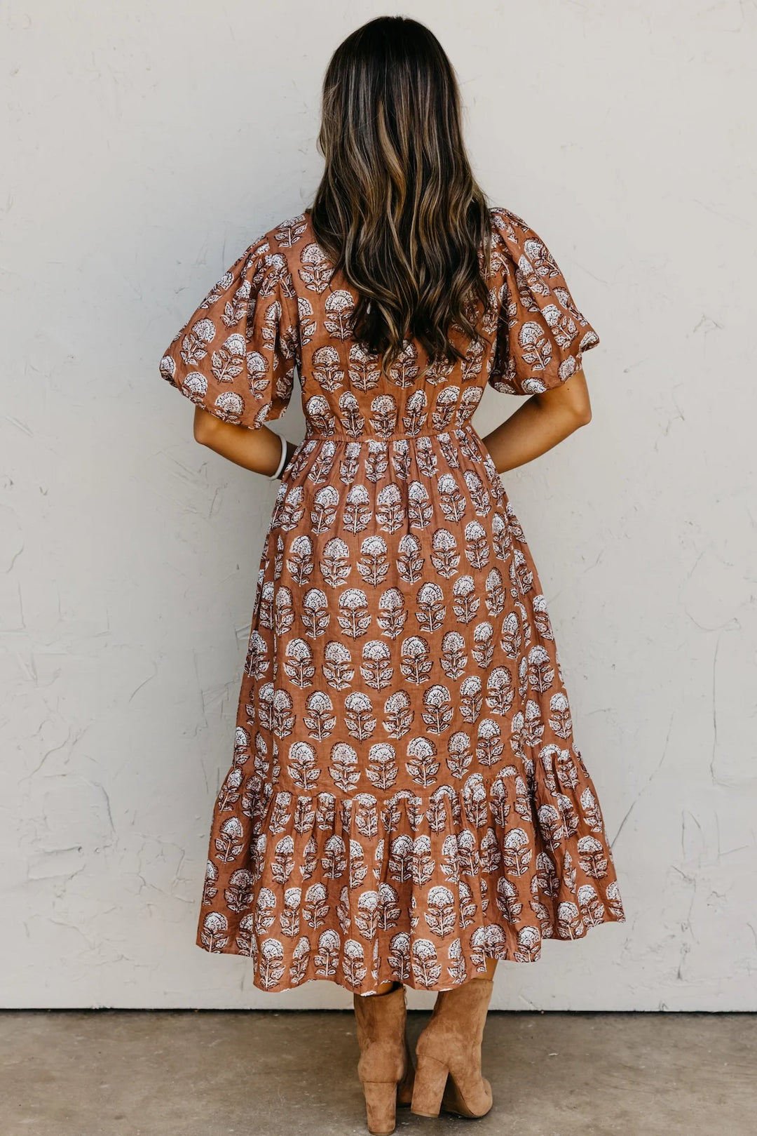 PUFF SLEEVE FLORAL DETAILED MIDI DRESS