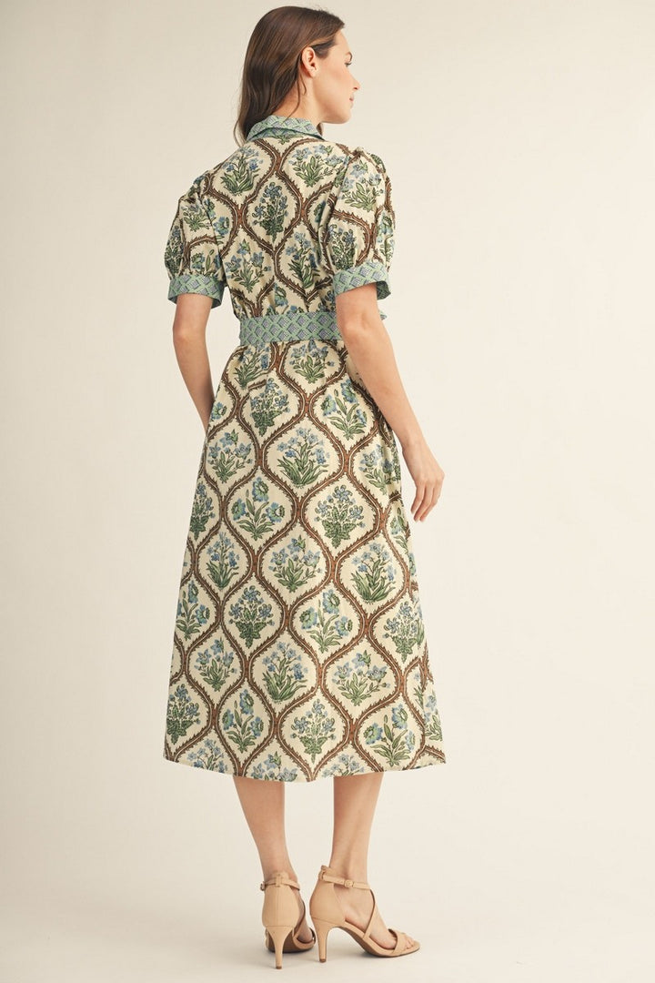 BUTTON DOWN WAIST TIE FLORAL MIDI DRESS