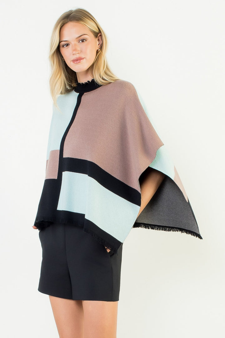 FRINGE TRIM MOCK NECK COLORBLOCK PONCHO
