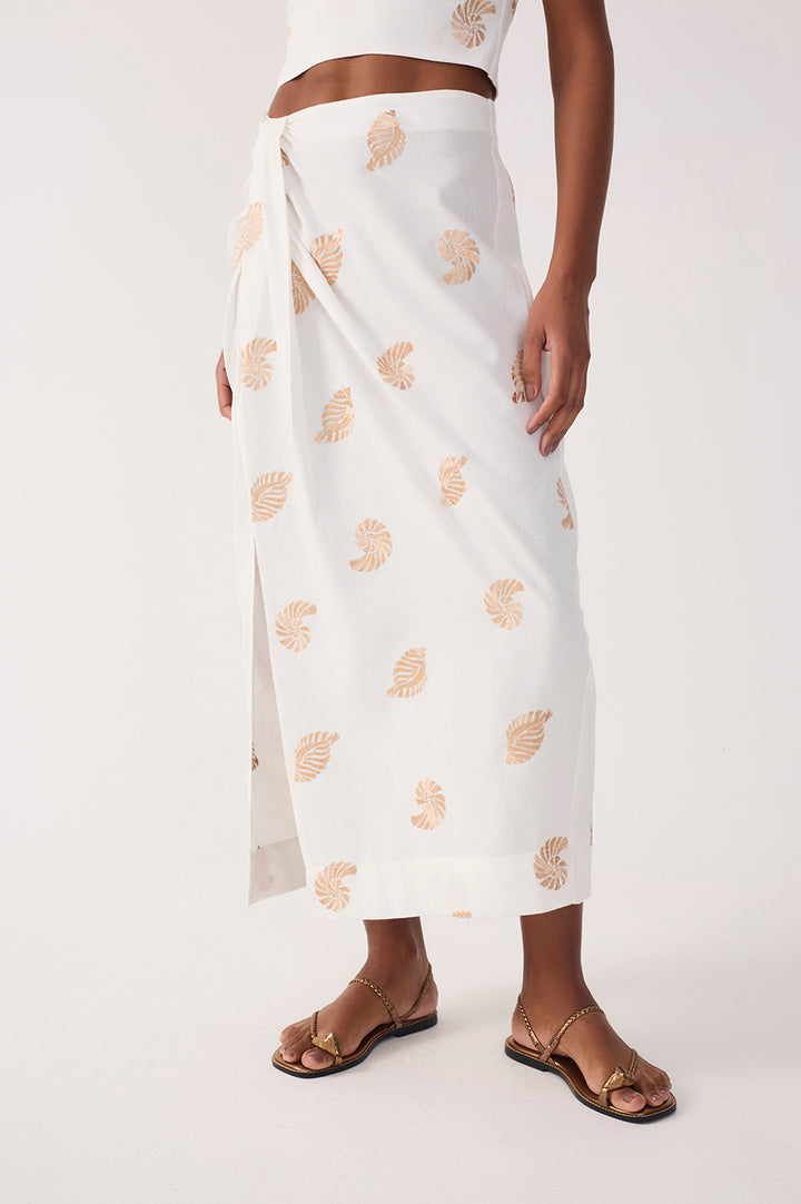 Off-white Shell Embroidered Draped Linen Maxi Skirt