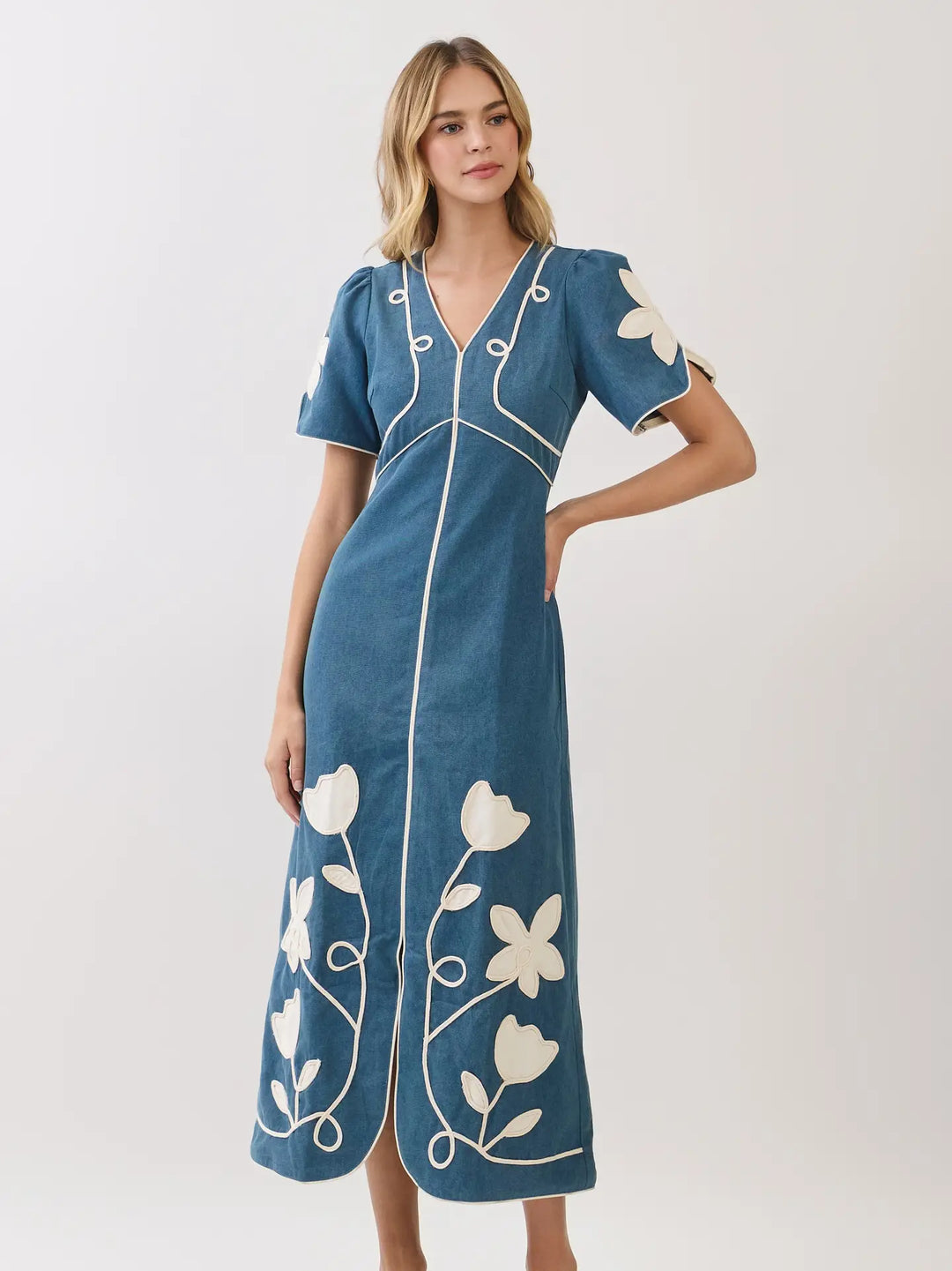 FLORAL APPLIQUE CONTRAST TRIM MIDI DRESS
