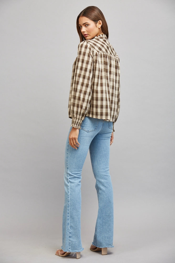 PLAID RUFFLED HIGH COLLAR BUTTON DOWN BLOUSE