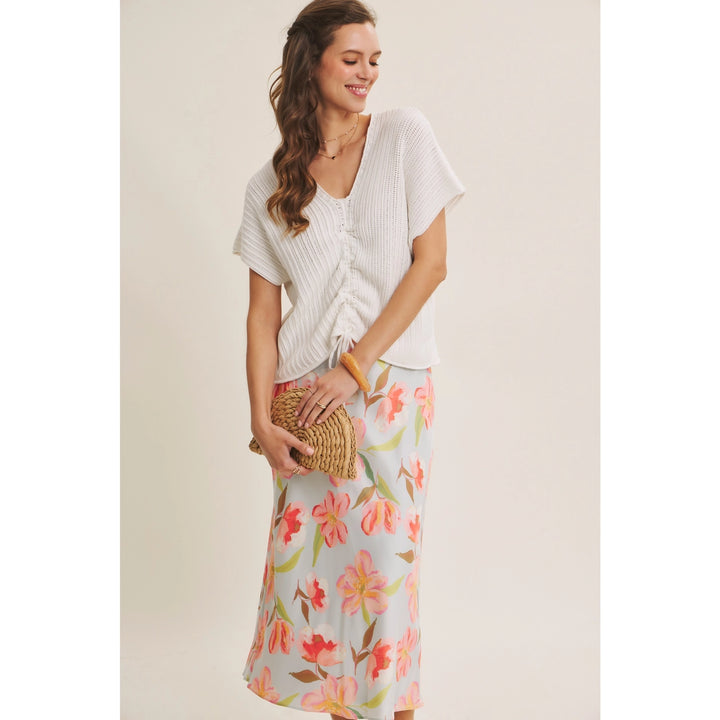 FLATTERING MOVEMENT FLORAL SATIN BIAS MIDI SKIRT