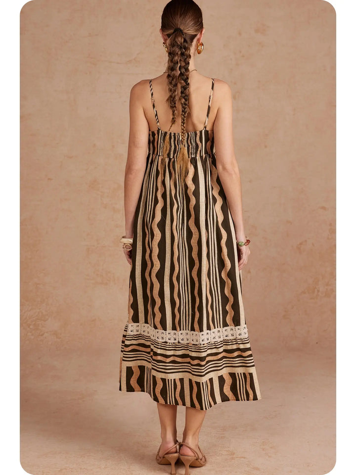 ABSTRACT WAVY STRIPE PRINT BRAIDED BODICE MIDI DRESS