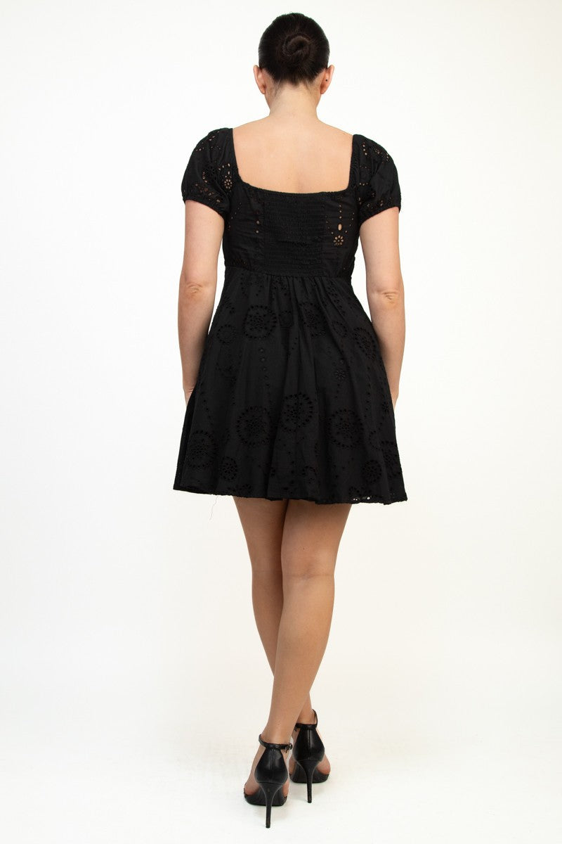 EYELET PUFF SLEEVE MINI DRESS