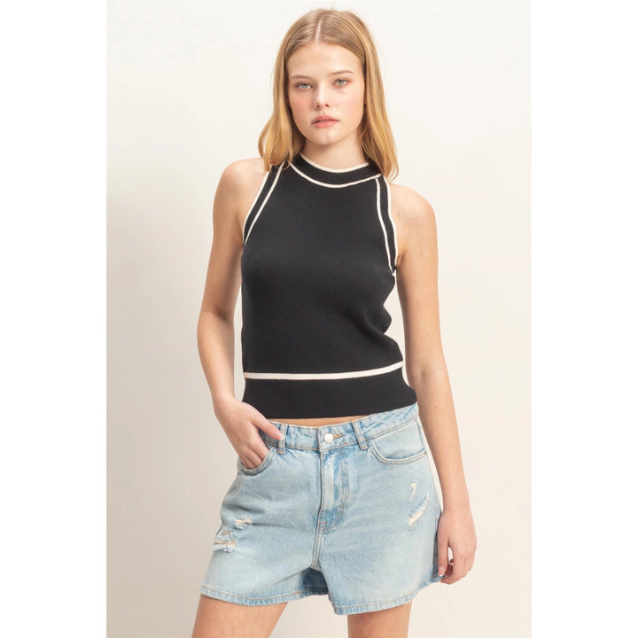 CONTRAST TRIM SLEEVELESS RIBBED TOP
