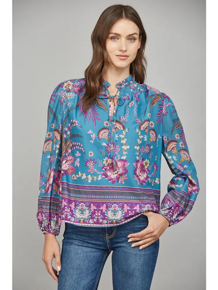 RUFFLED V NECK LONG SLEEVE BLOUSE