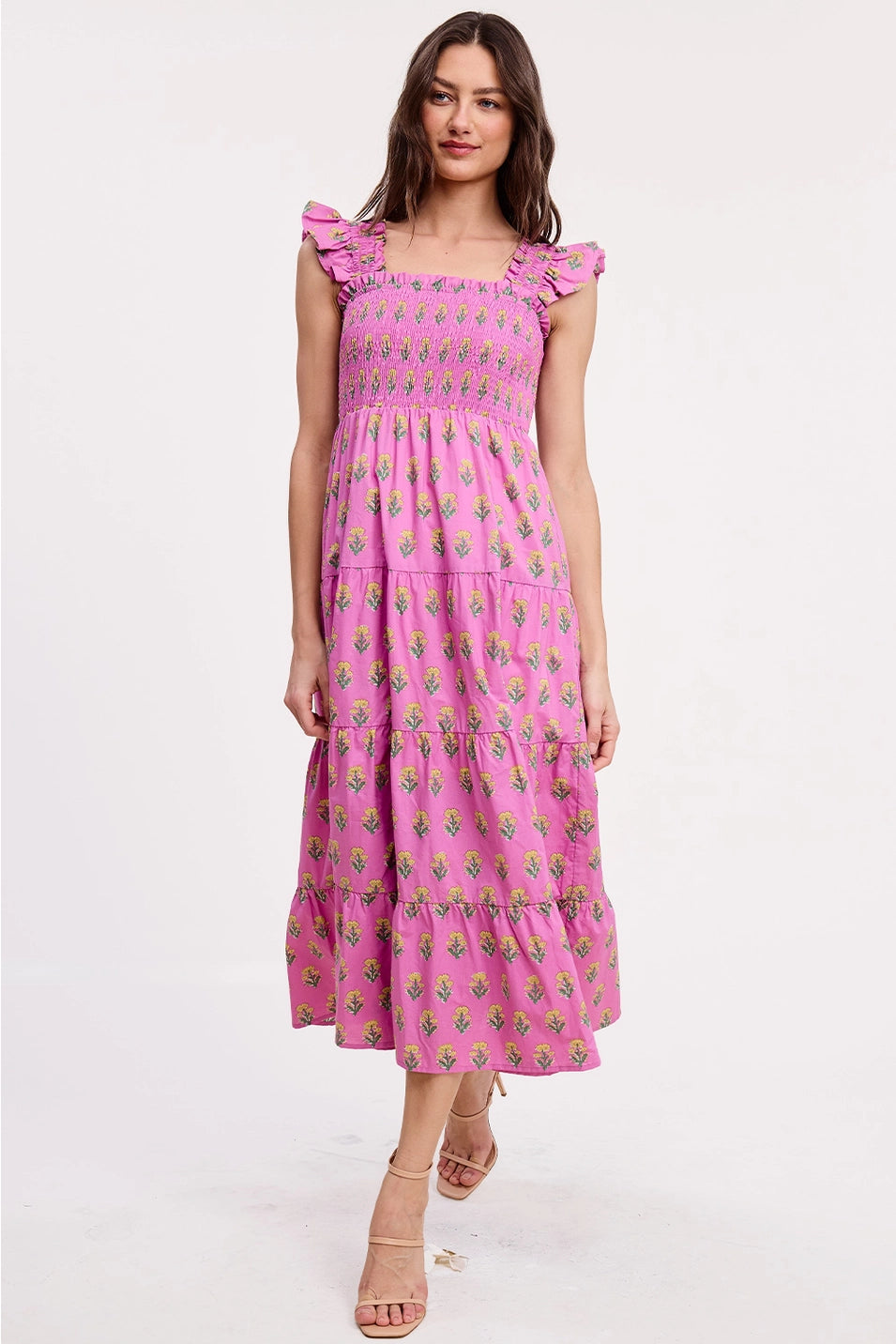 FLORAL CLUSTERS SMOCKED MIDI DRESS