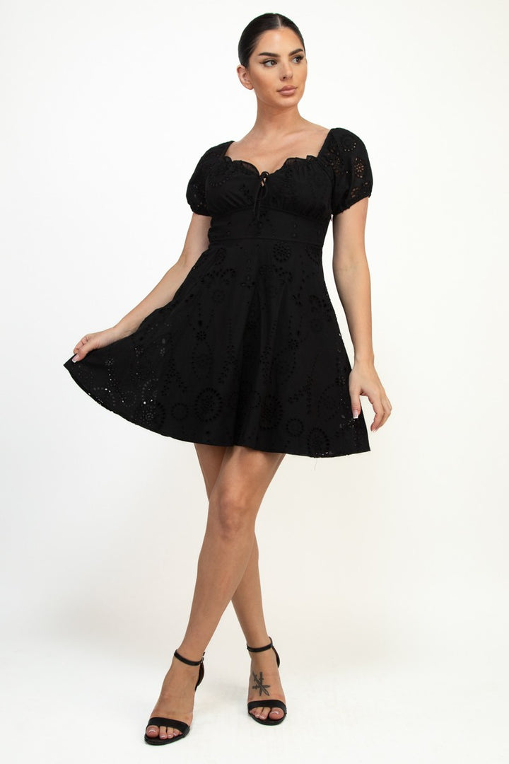 EYELET PUFF SLEEVE MINI DRESS