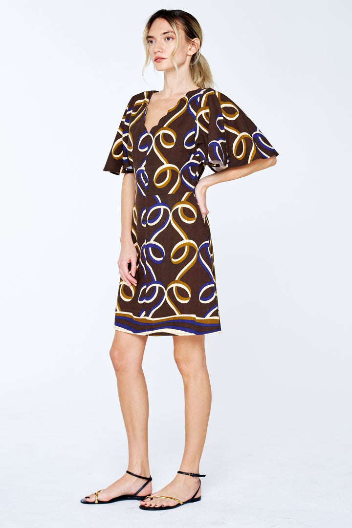 Kim Printed Ribbon Scalloped Mini Dress