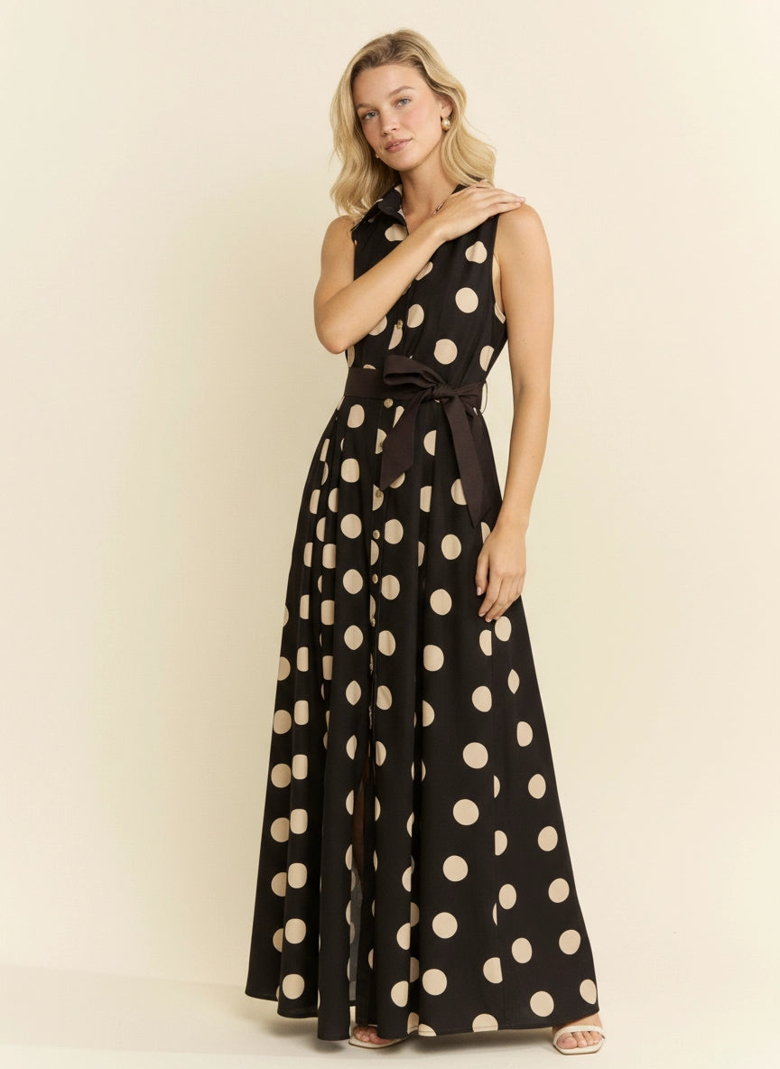 POLKA DOT BUTTON DOWN BELTED SLEEVELESS SHIRT DRESS