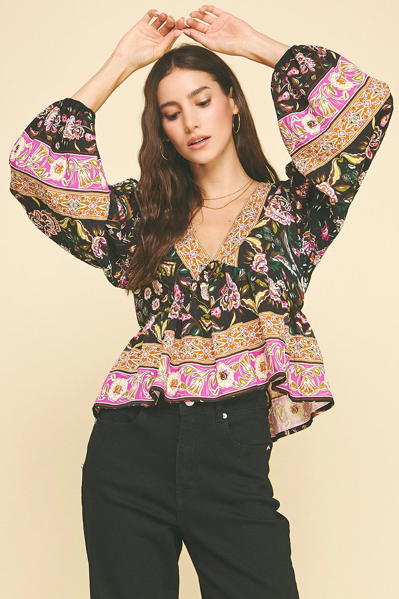 BOHO PRINT V NECK TOP