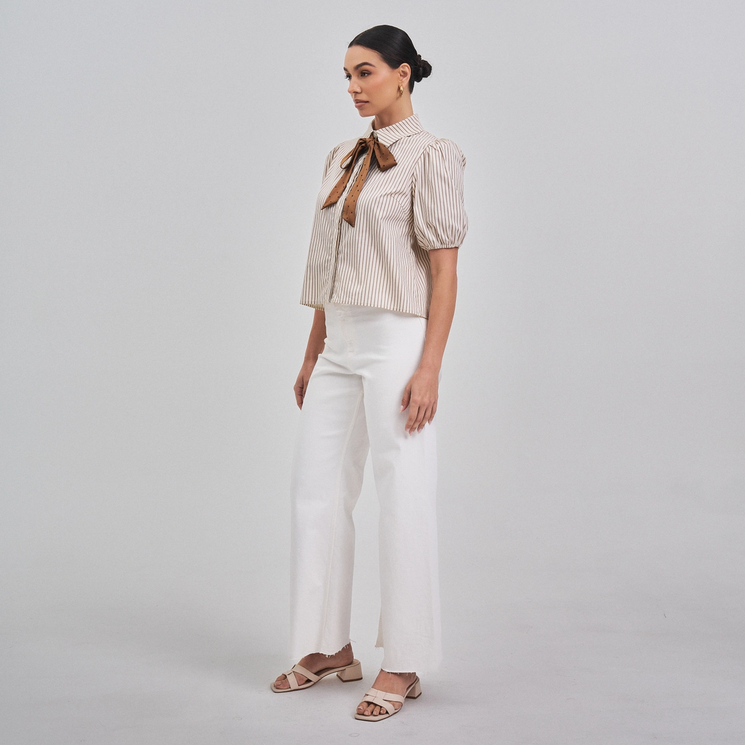 SATIN BOW DETAILED BUTTON DOWN SHIRT TOP