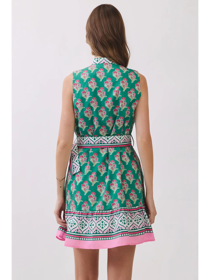 FLORAL BORDER PRINT BELTED MINI DRESS