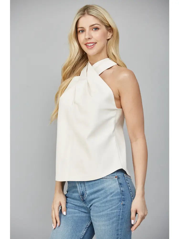 FAUX LEATHER CRISSCROSS NECKLINE SLEEVELESS TOP