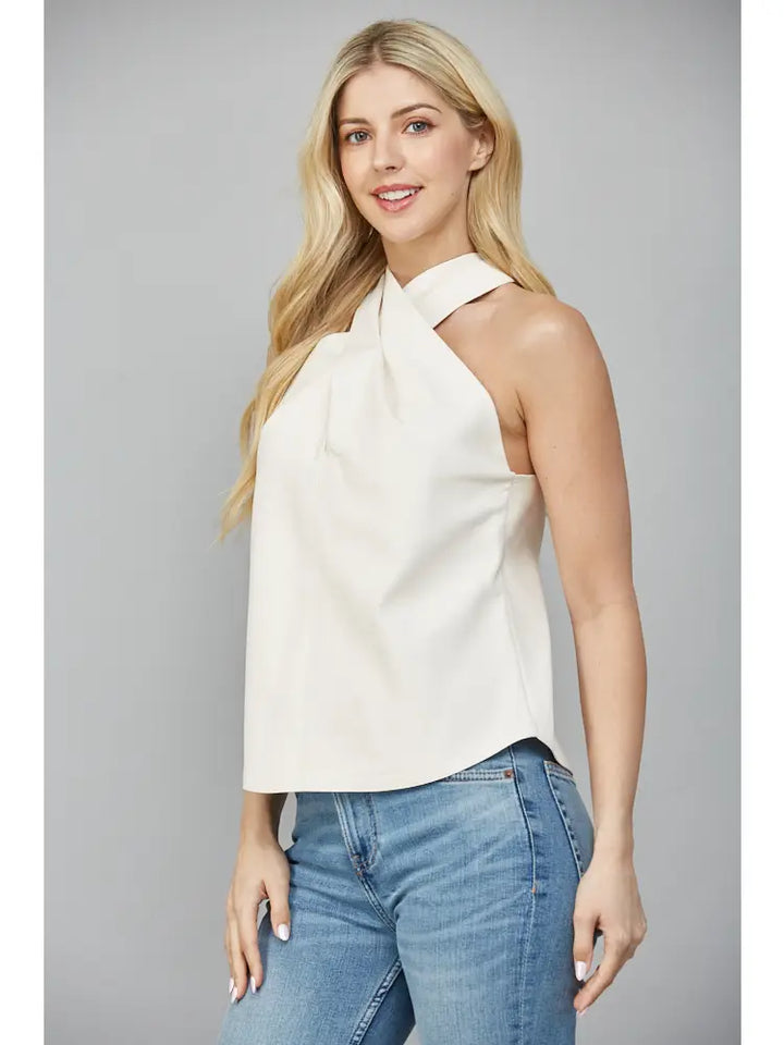 FAUX LEATHER CRISSCROSS NECKLINE SLEEVELESS TOP