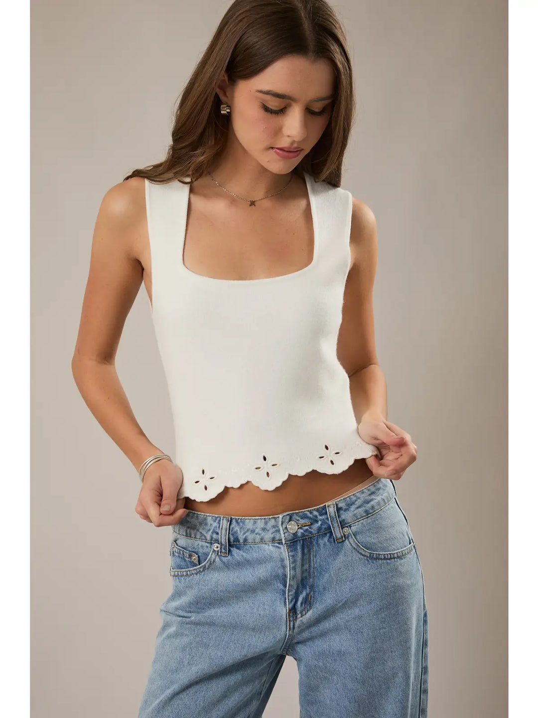 SQUARE NECK EYELET SWEATER TOP