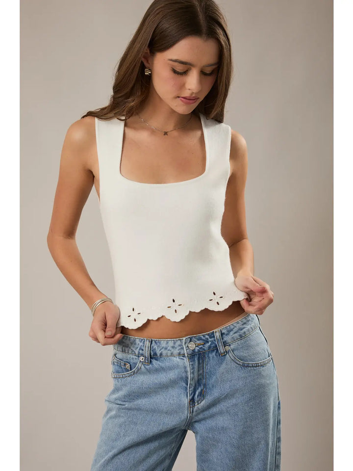 SQUARE NECK EYELET SWEATER TOP