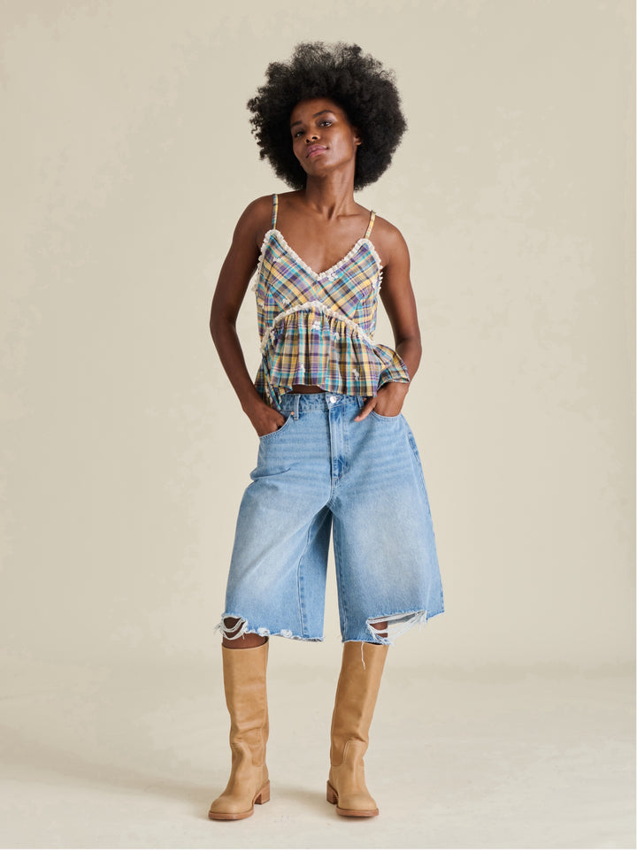 BRYNA TOP IN EMBROIDERED PLAID