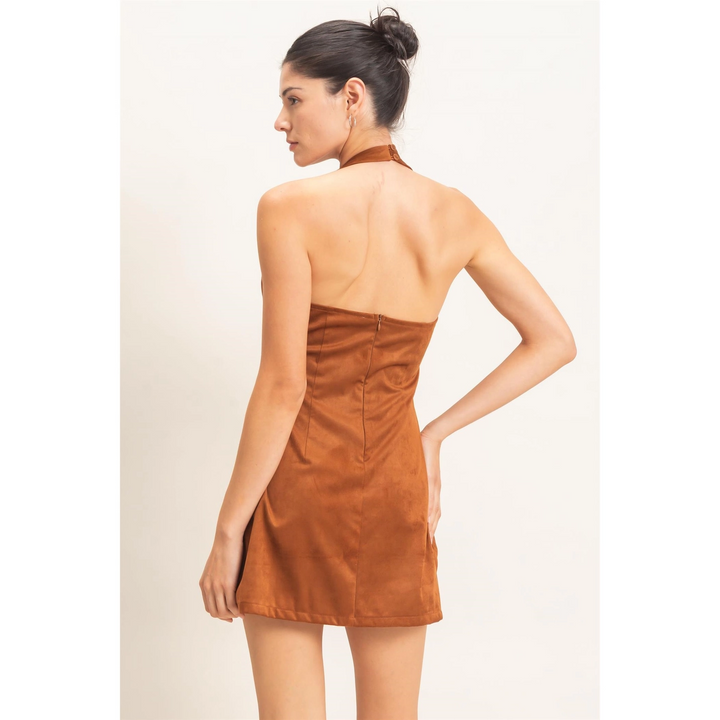 SUEDE V-NECK HALTER DRESS