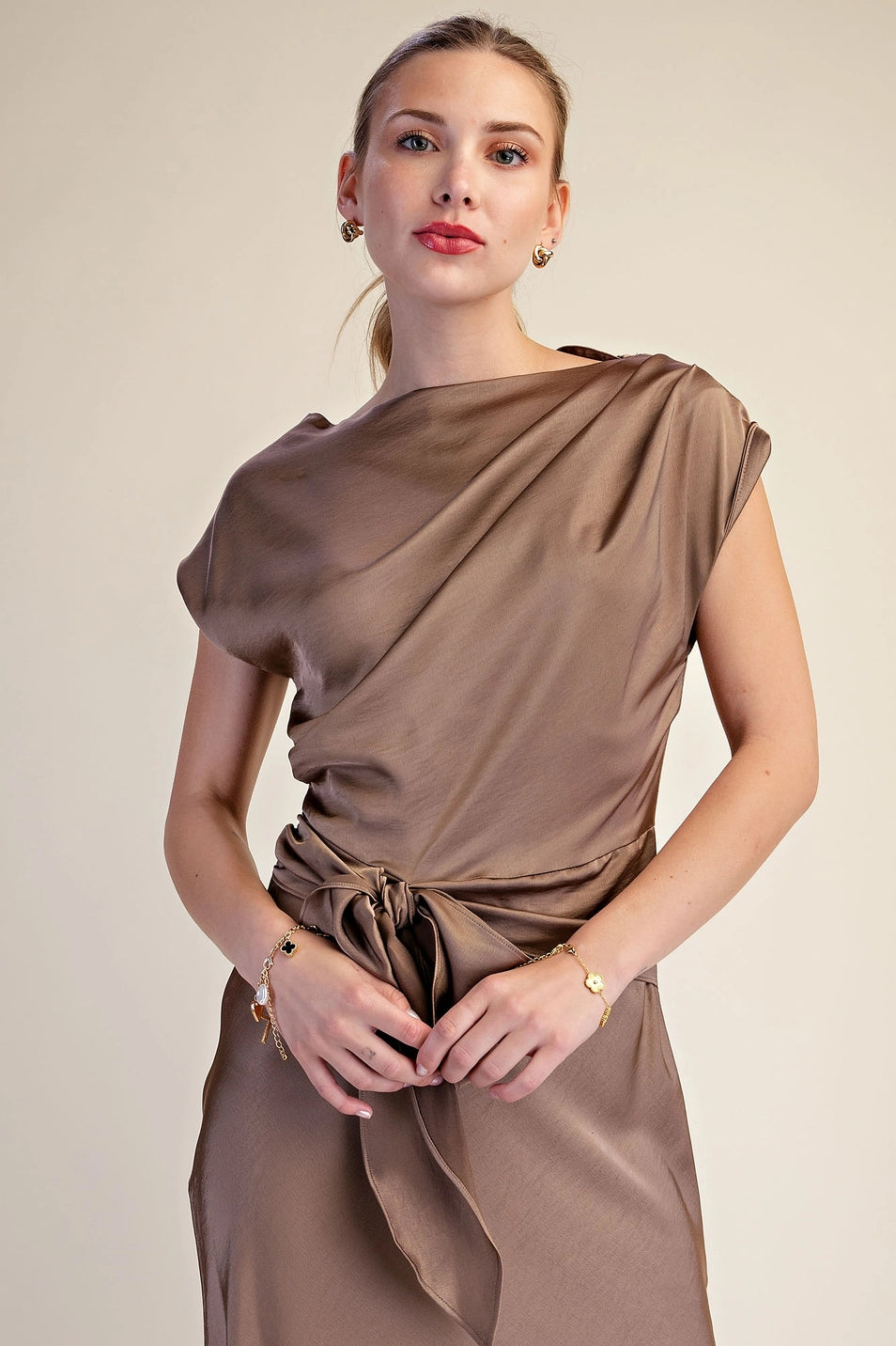 ASYMMETRICAL WAIST TIE MIDI DRESS