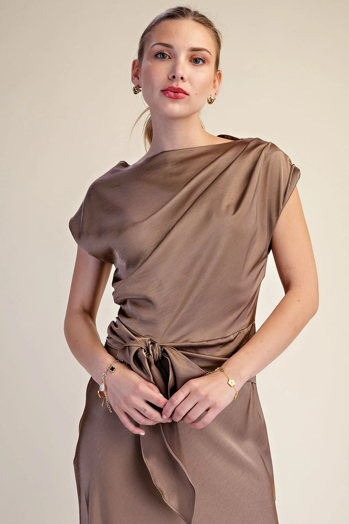 ASYMMETRICAL WAIST TIE MIDI DRESS