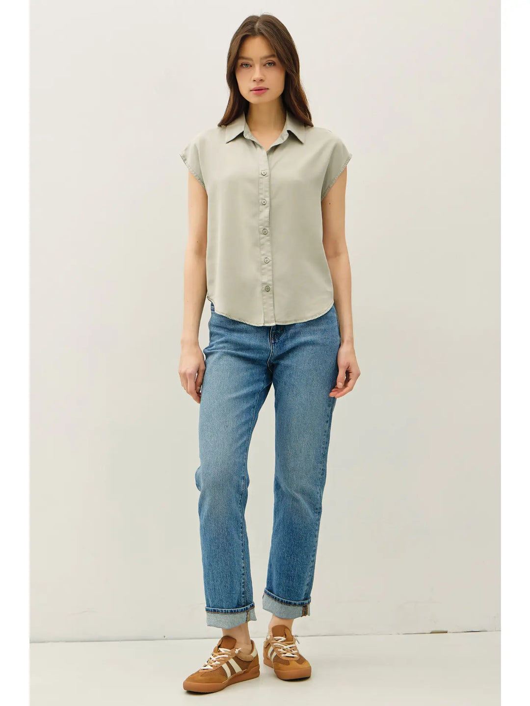 CAP SLEEVE BUTTON UP TENCEL SHIRT