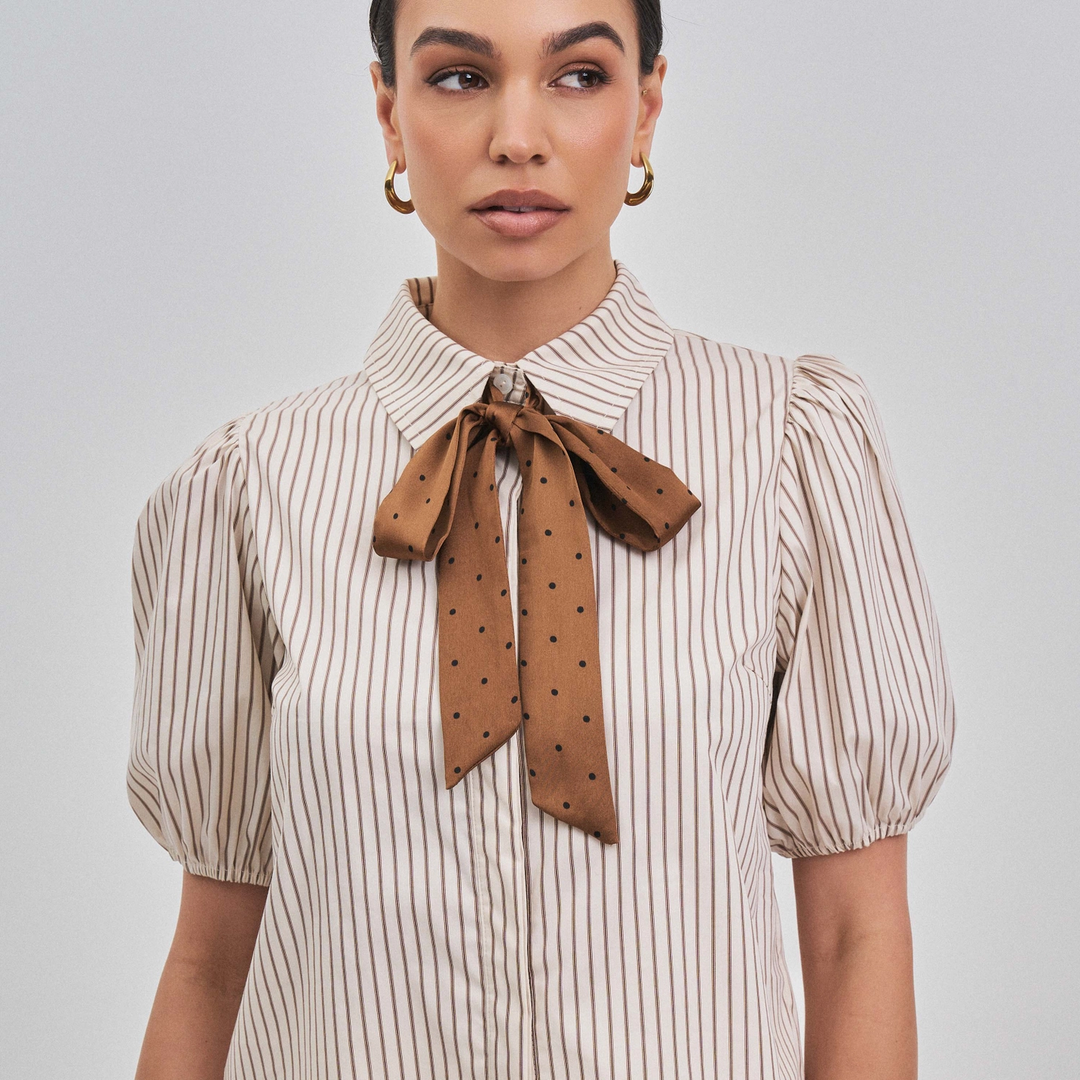 SATIN BOW DETAILED BUTTON DOWN SHIRT TOP