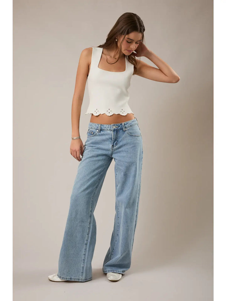 SQUARE NECK EYELET SWEATER TOP