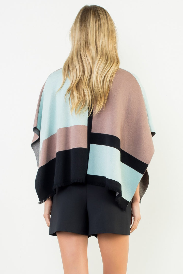 FRINGE TRIM MOCK NECK COLORBLOCK PONCHO