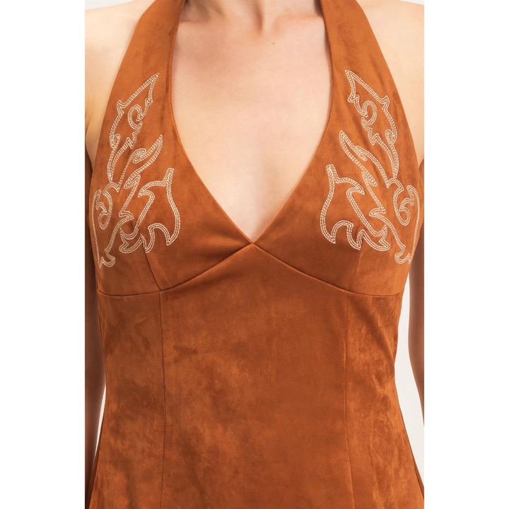 SUEDE V-NECK HALTER DRESS