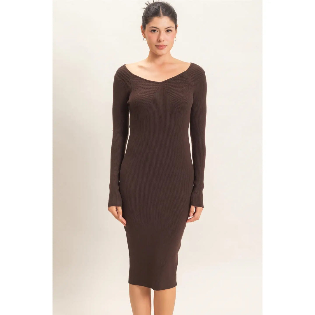 RIBBED V-NECK LONG SLEEVE DRESS