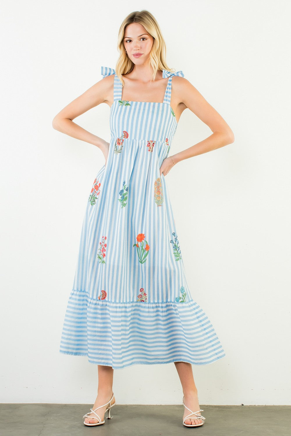 STRIPED FLORAL PATTERN MIDI DRESS