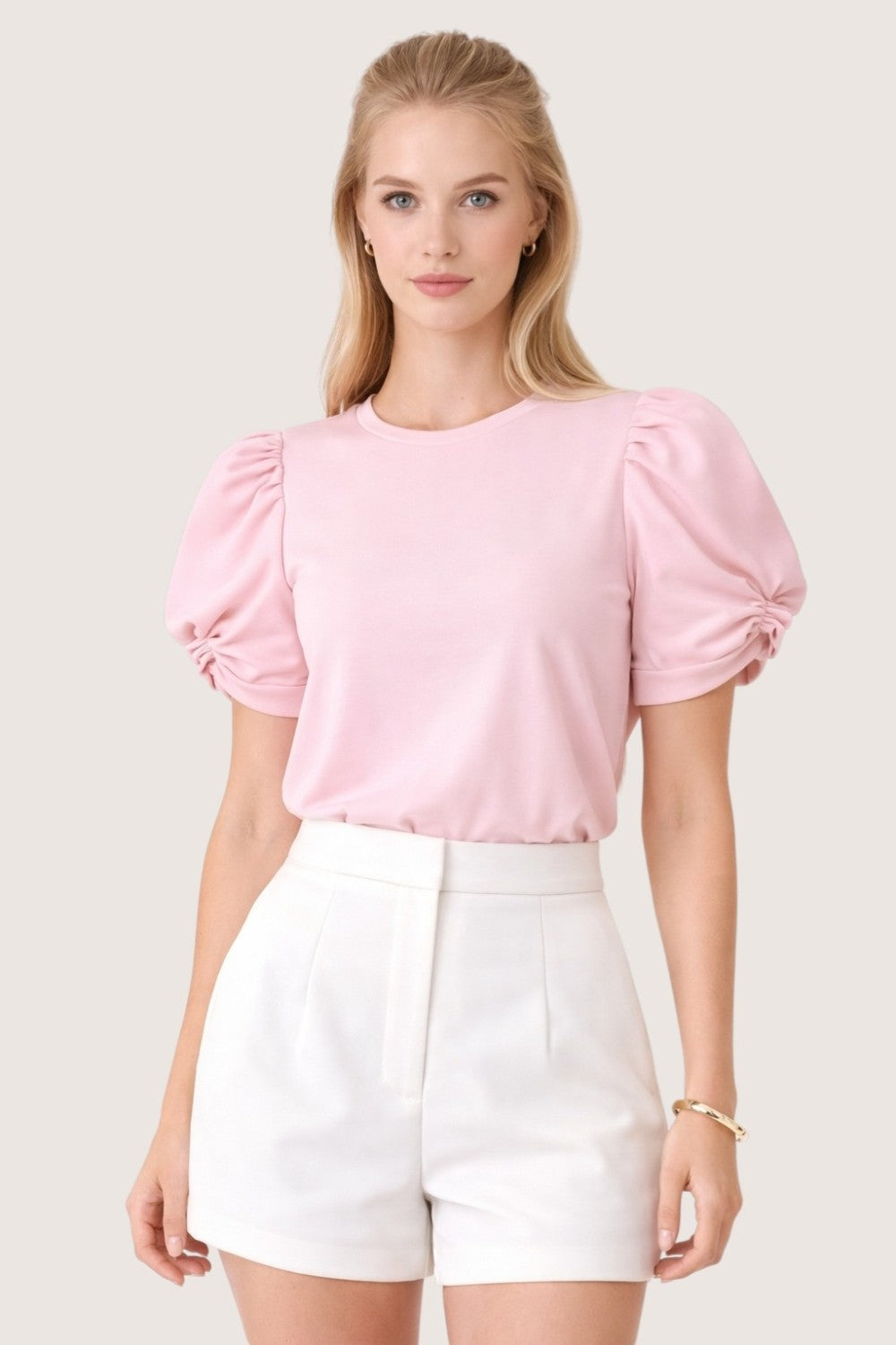 PUFF SLEEVE STRETCH COTTON KNIT TOP