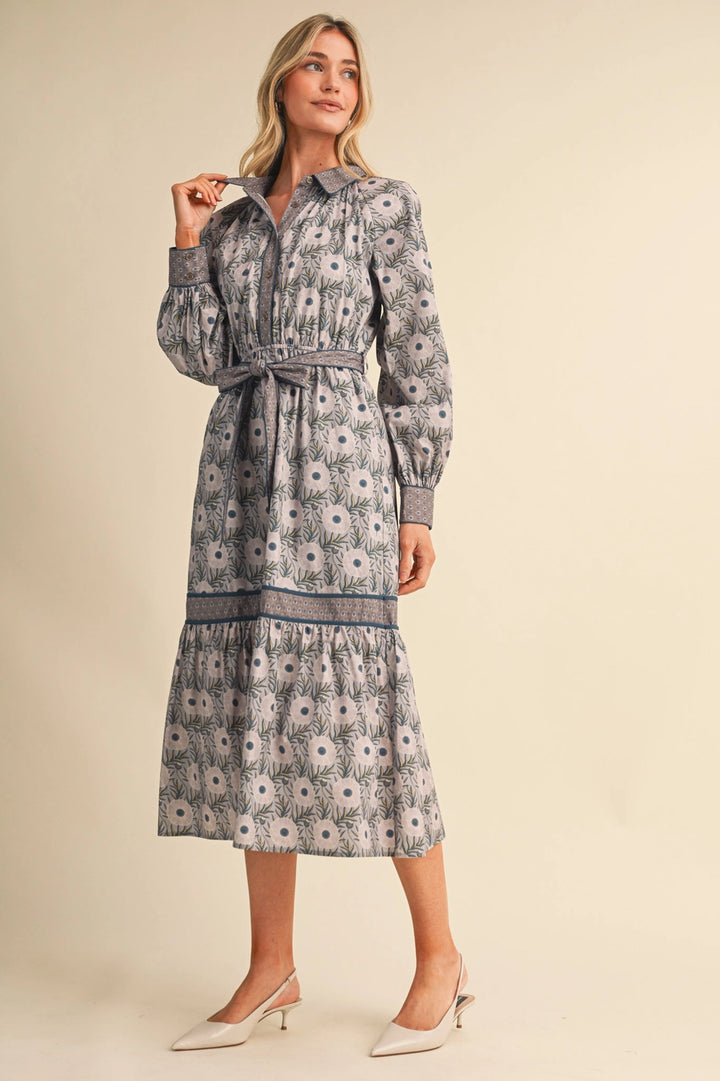 MIXED FLORAL BUTTON DOWN BELTED MIDI DRESS