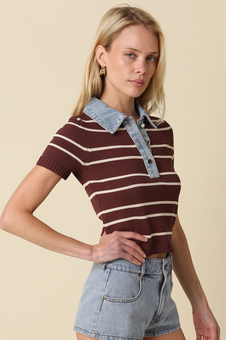 SHORT SLEEVE SWEATER WITH DENIM CONTRAST