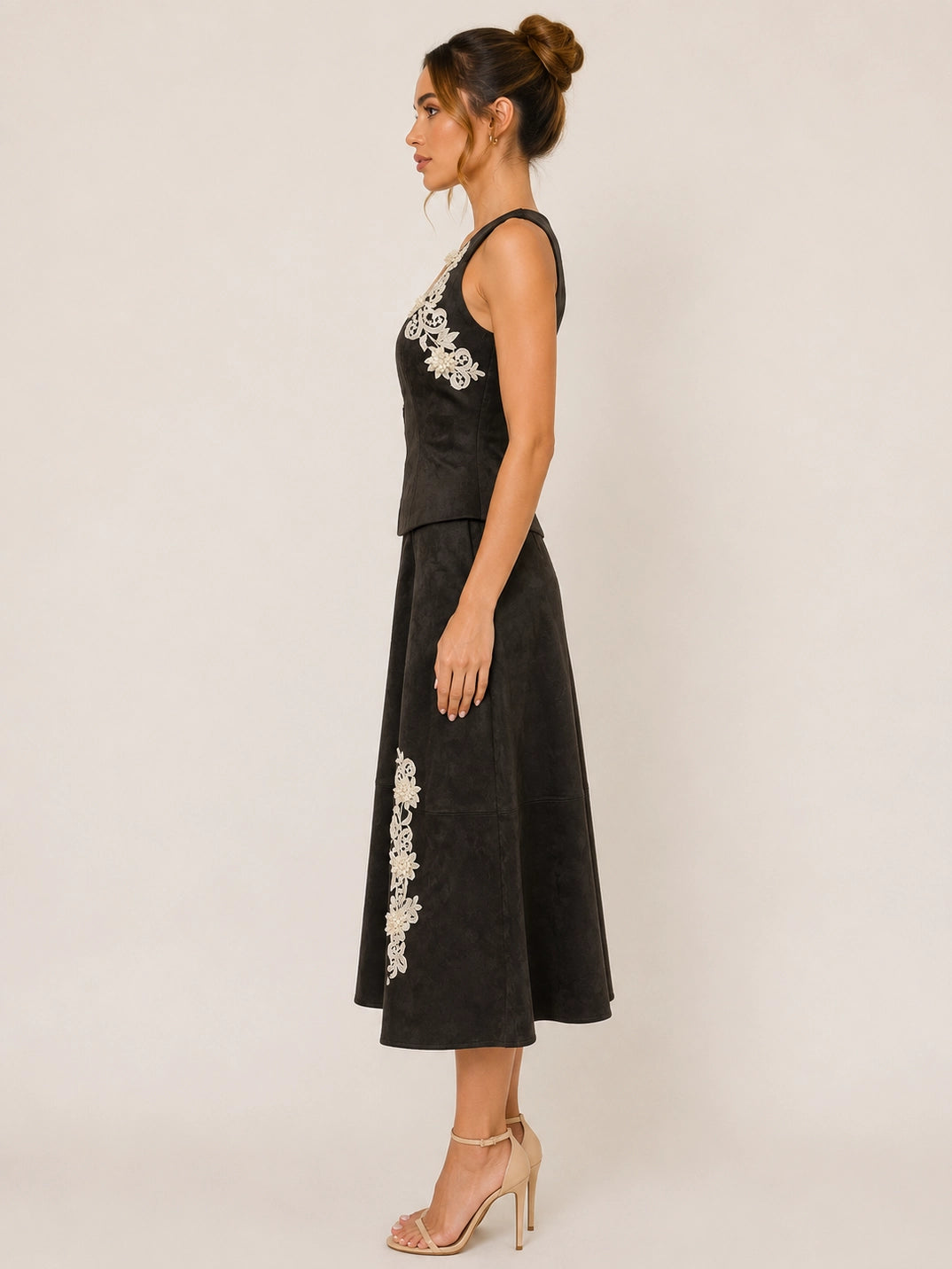 ASYMMETRIC CROCHET TRIM A-LINE SUEDE SKIRT