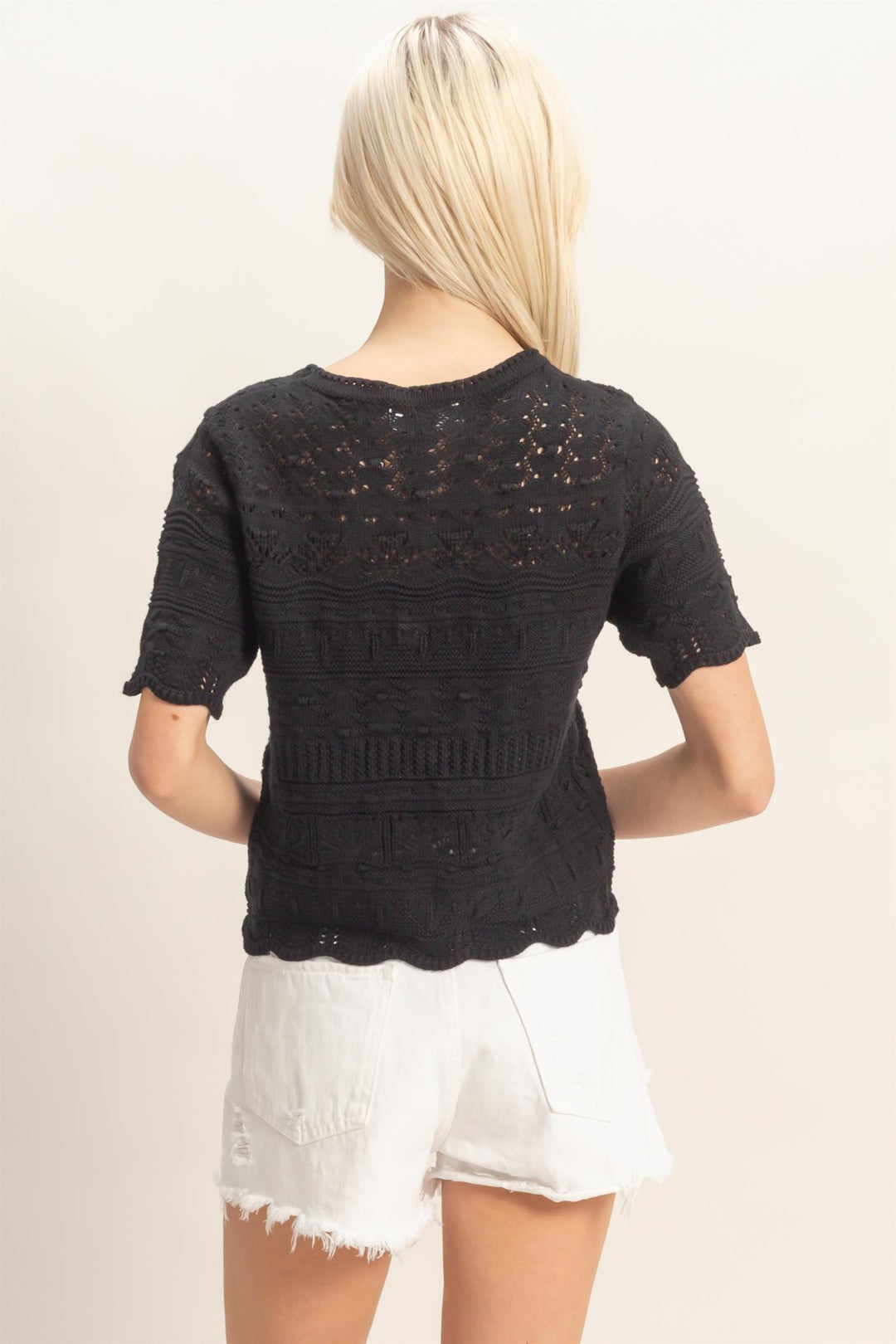 TEXTURED POINTELLE KNIT SHORT SLEEVE TOP