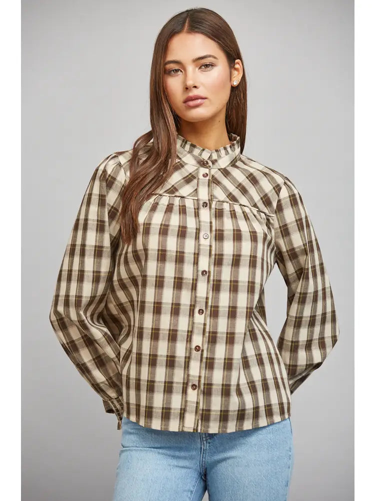 PLAID RUFFLED HIGH COLLAR BUTTON DOWN BLOUSE