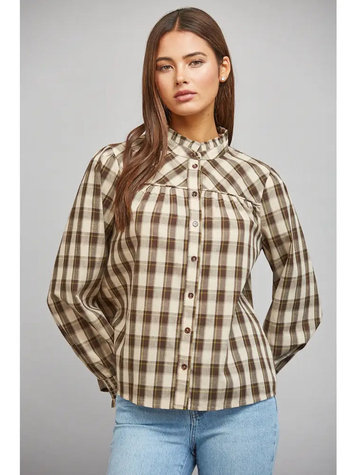PLAID RUFFLED HIGH COLLAR BUTTON DOWN BLOUSE