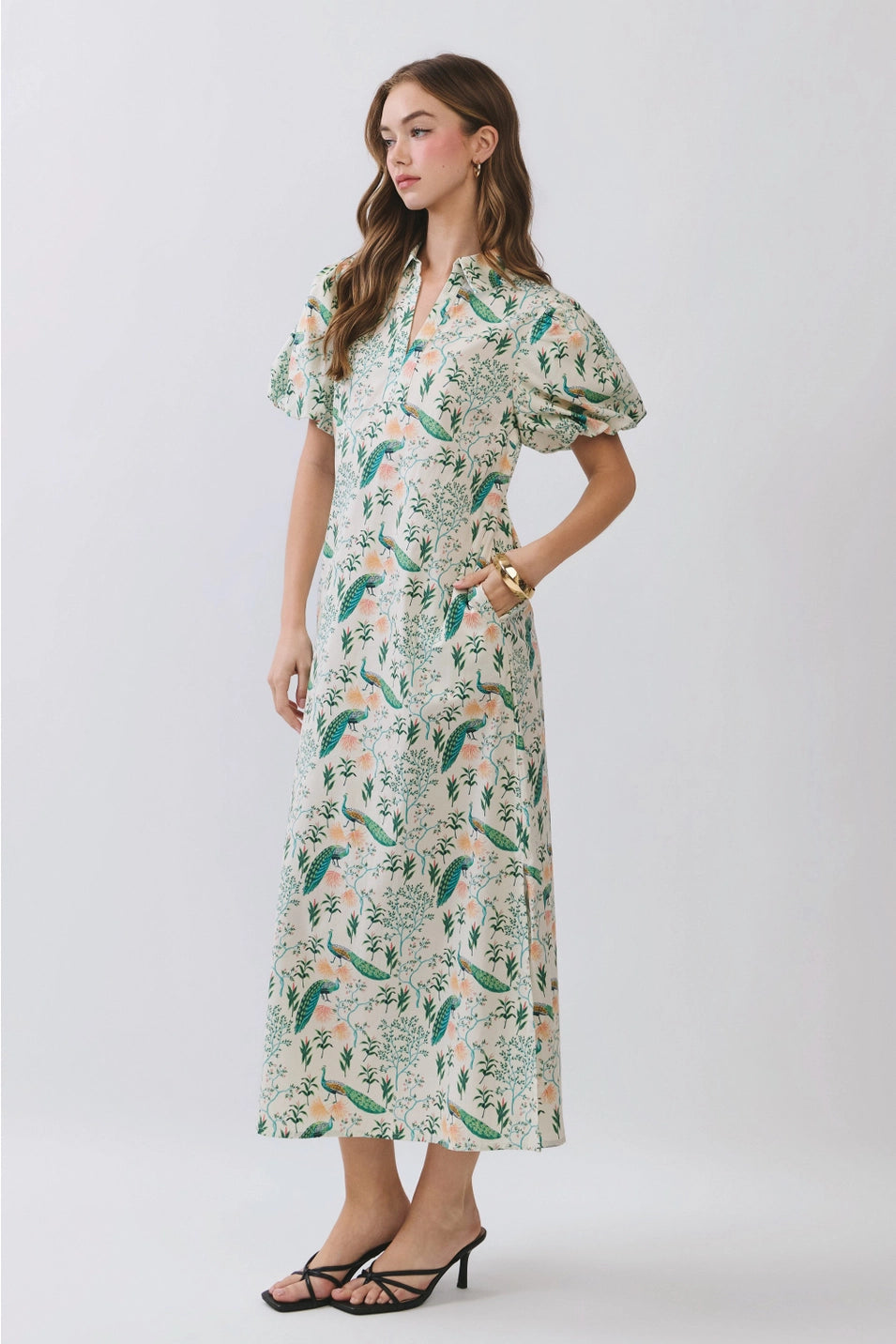 PEACOCK PRINT PUFF SLEEVE MIDI DRESS