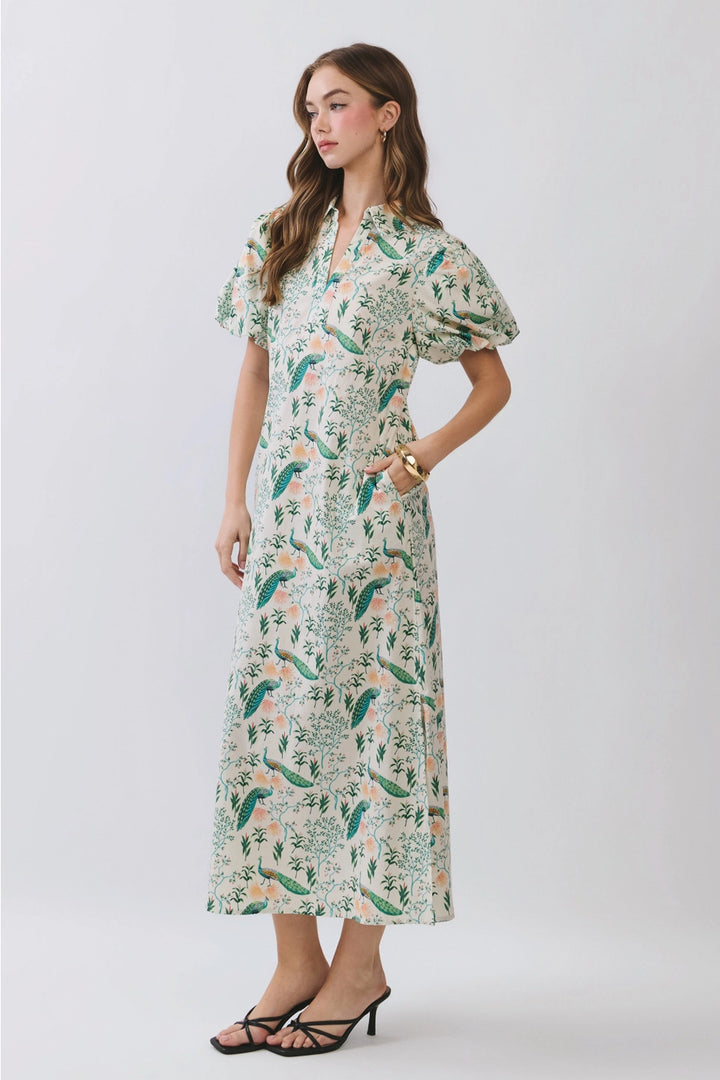 PEACOCK PRINT PUFF SLEEVE MIDI DRESS