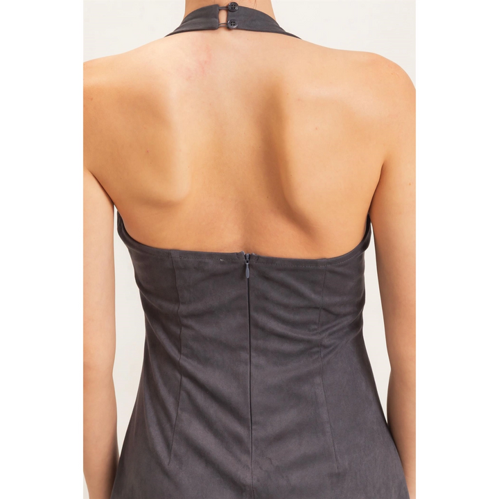 SUEDE V-NECK HALTER DRESS