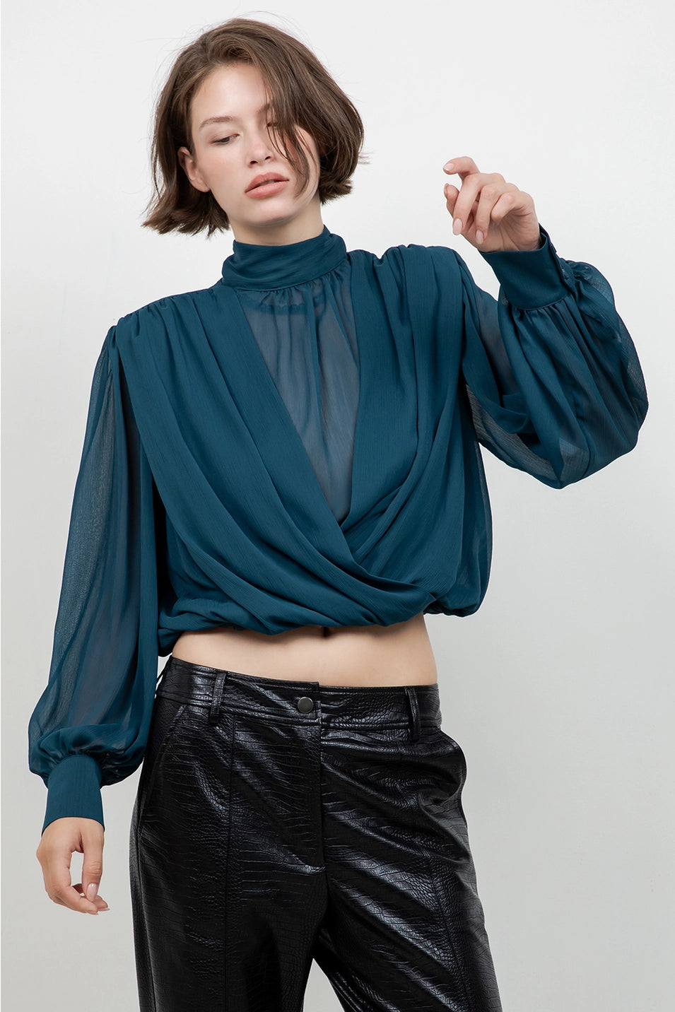 MOCK NECK DRAPE CHIFFON BLOUSE