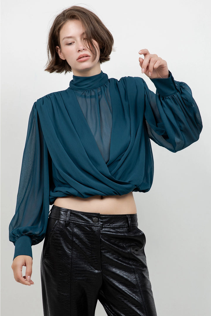 MOCK NECK DRAPE CHIFFON BLOUSE