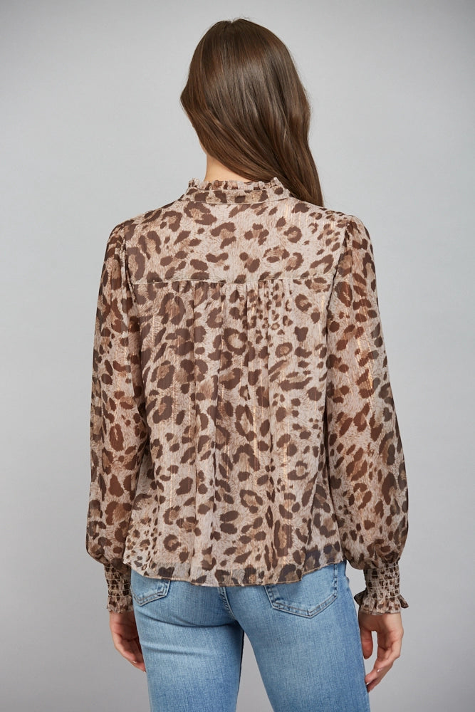 ANIMAL PRINT CHIFFON WITH LUREX SPLIT NECK BLOUSE