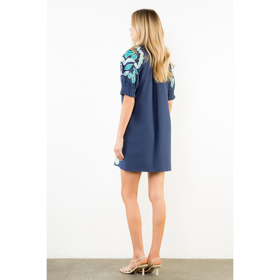 PUFF SLEEVE EMBROIDERY DETAIL V NECK DRESS